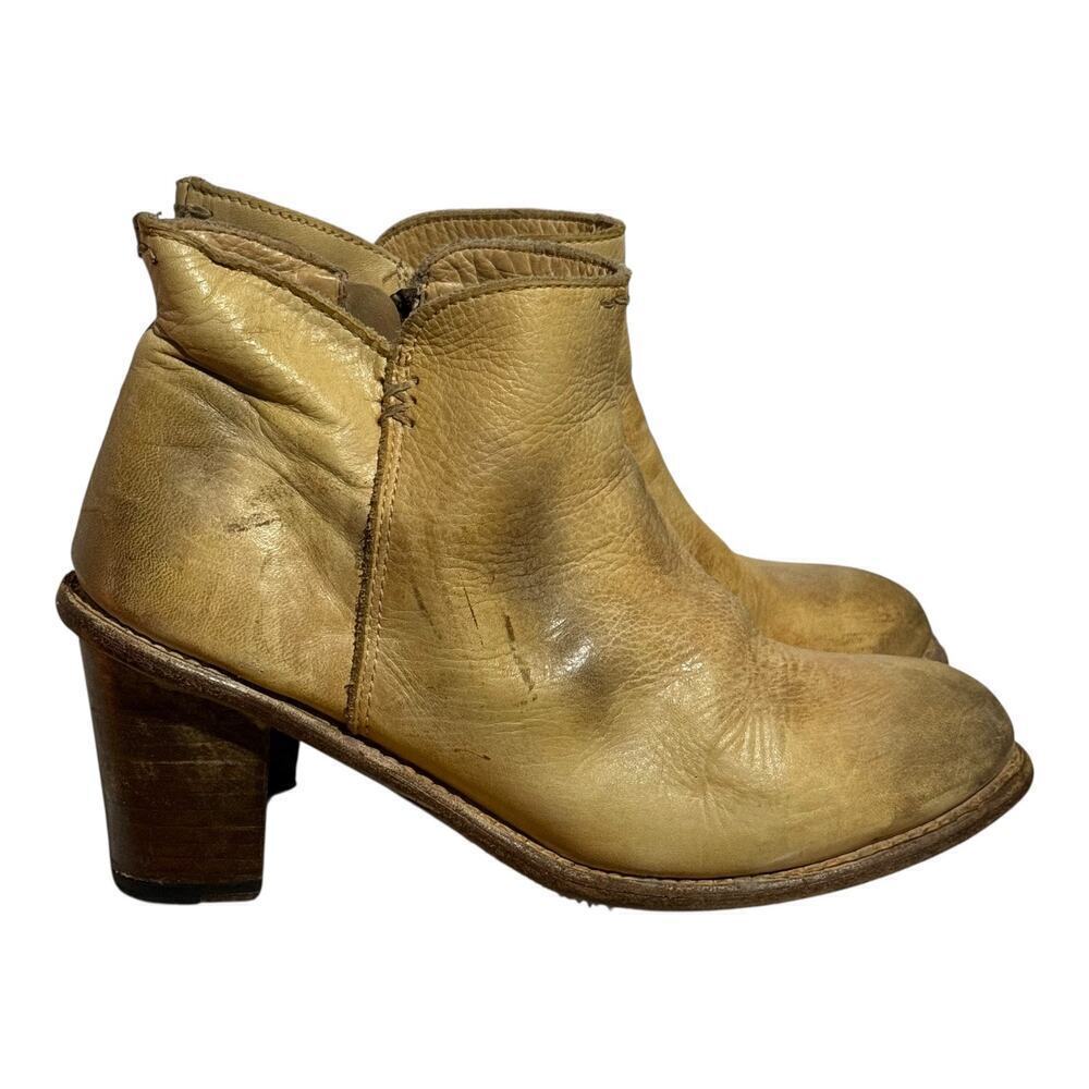 Bed|Stu Tan Leather Heeled Booties Women's 8.5 M Rustic Block Heel Distressed